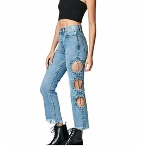 Carmar Light Blue jeans, side circle cut outs with chains Straight leg